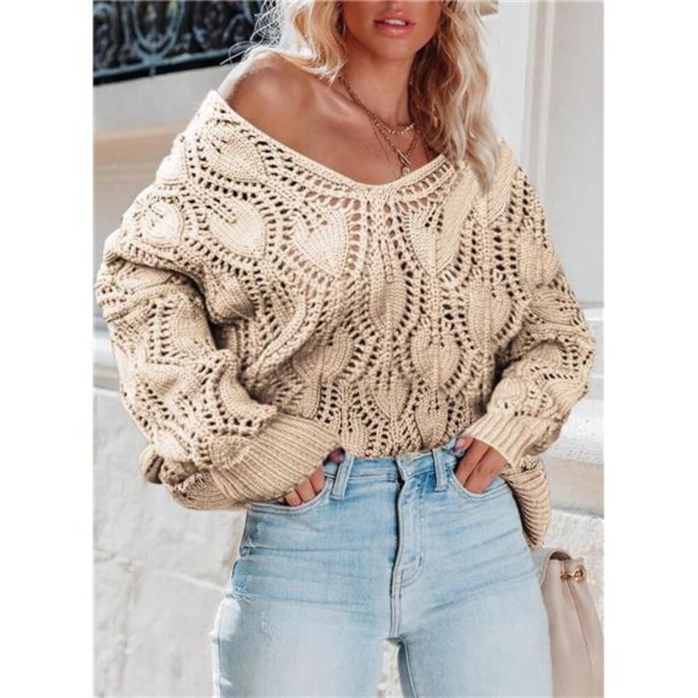 Hollow Out V-Neck Pullover Sweater – Crochet Knit Loose Fit, Fall/Winter Fashion